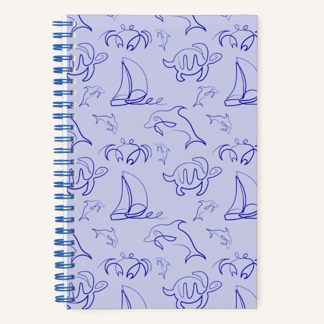 Sea animals and sailboat one line drawing pattern  notebook (Front)