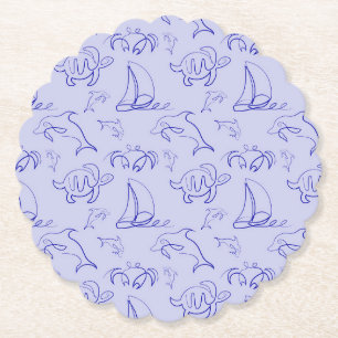 Sea animals and sailboat one line drawing pattern paper coaster