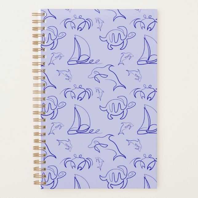 Sea animals and sailboat one line drawing pattern  planner (Front)