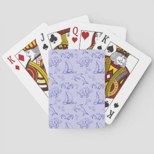 Sea animals and sailboat one line drawing pattern  playing cards