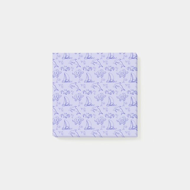 Sea animals and sailboat one line drawing pattern  post-it notes (Front)