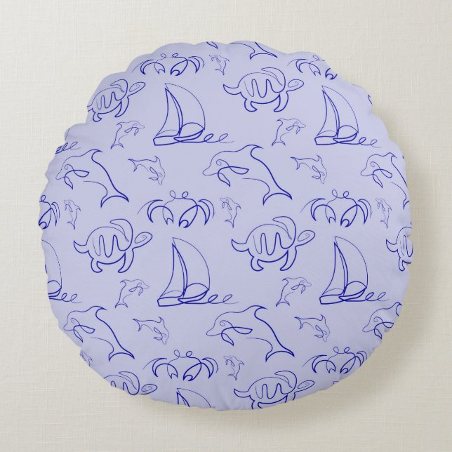 Sea animals and sailboat one line drawing pattern  round pillow (Front)