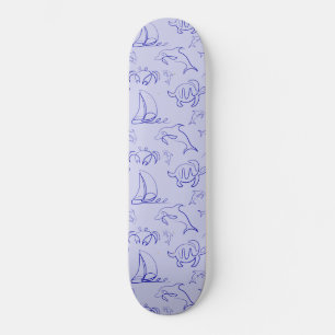 Sea animals and sailboat one line drawing pattern  skateboard