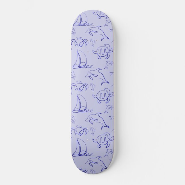 Sea animals and sailboat one line drawing pattern  skateboard (Front)