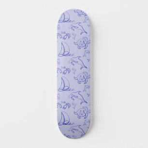 Sea animals and sailboat one line drawing pattern skateboard