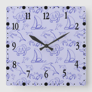 Sea animals and sailboat one line drawing pattern  square wall clock