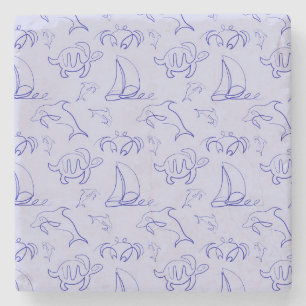 Sea animals and sailboat one line drawing pattern stone coaster