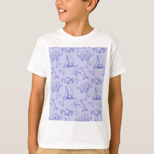 Sea animals and sailboat one line drawing pattern T-Shirt
