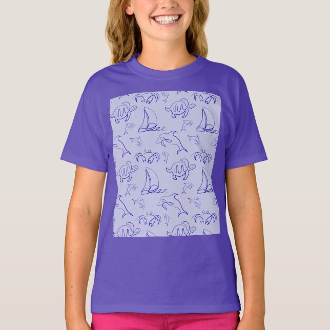 Sea animals and sailboat one line drawing pattern  T-Shirt (Front)