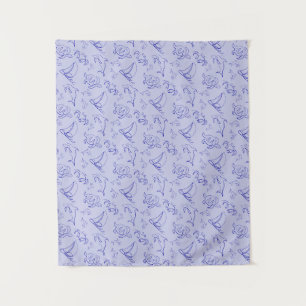 Sea animals and sailboat one line drawing pattern tapestry