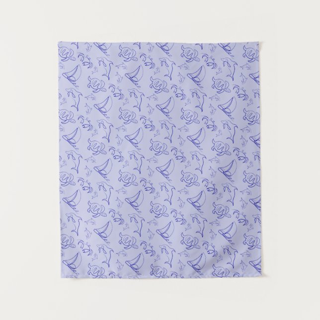 Sea animals and sailboat one line drawing pattern  tapestry (Front)
