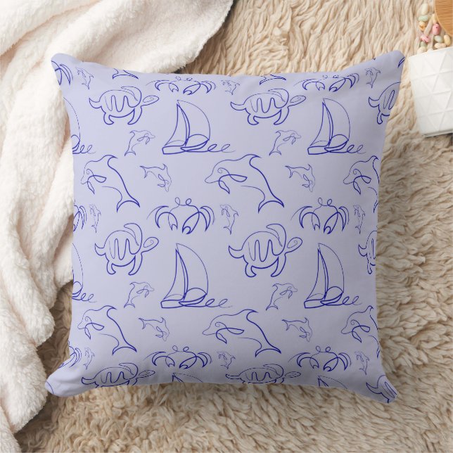 Sea animals and sailboat one line drawing pattern  throw pillow (Blanket)