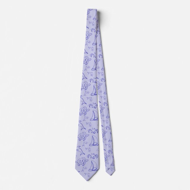 Sea animals and sailboat one line drawing pattern  tie (Front)