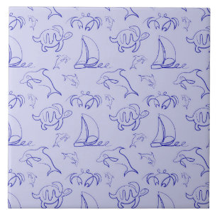 Sea animals and sailboat one line drawing pattern tile