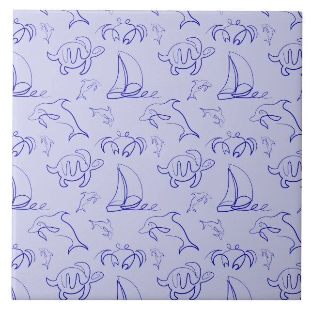 Sea animals and sailboat one line drawing pattern  tile (Front)