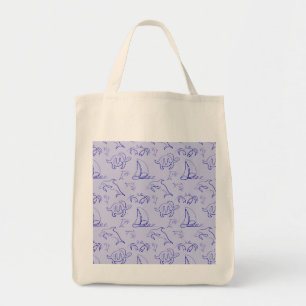 Sea animals and sailboat one line drawing pattern tote bag