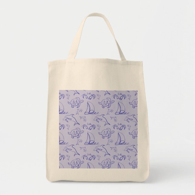 Sea animals and sailboat one line drawing pattern  tote bag (Front)