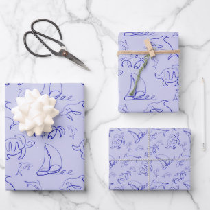 Sea animals and sailboat one line drawing pattern  wrapping paper sheet