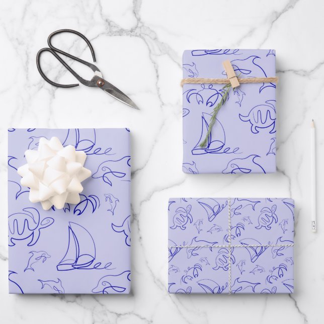 Sea animals and sailboat one line drawing pattern  wrapping paper sheet (Front)