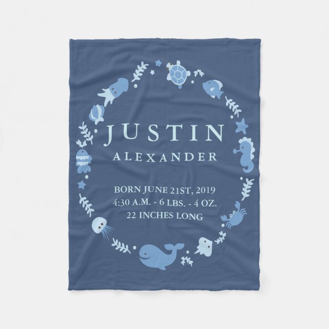 Sea Animals Birth Announcement Fleece Baby Blanket (Front)