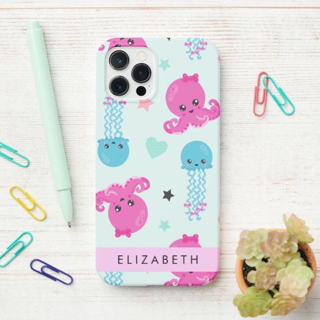 Sea Animals, Octopus, Jellyfish, Hearts, Your Name iPhone Case (On Desk)