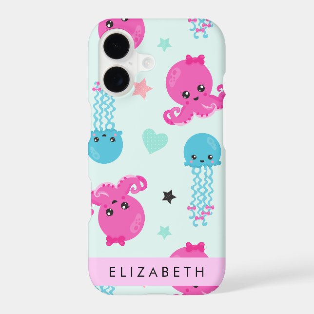 Sea Animals, Octopus, Jellyfish, Hearts, Your Name iPhone Case (Back)