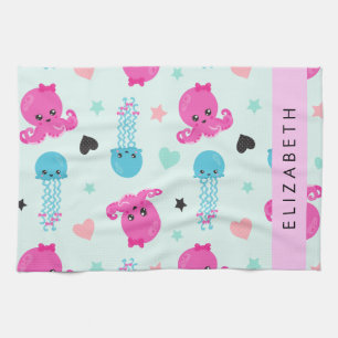 Sea Animals, Octopus, Jellyfish, Hearts, Your Name Kitchen Towel