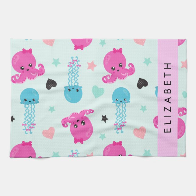 Sea Animals, Octopus, Jellyfish, Hearts, Your Name Kitchen Towel (Horizontal)