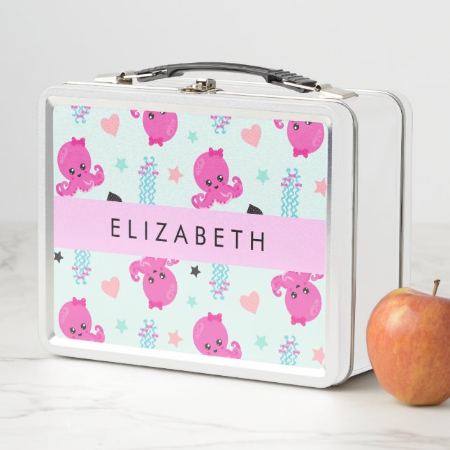 Sea Animals, Octopus, Jellyfish, Hearts, Your Name Metal Lunch Box (In Situ)