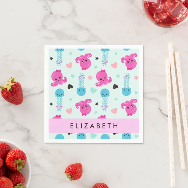 Sea Animals, Octopus, Jellyfish, Hearts, Your Name Napkin (Insitu)