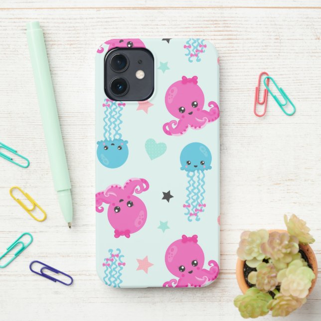 Sea Animals, Sea Life, Octopus, Jellyfish, Hearts iPhone Case (On Desk)