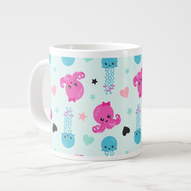 Sea Animals, Sea Life, Octopus, Jellyfish, Hearts Large Coffee Mug (Front Left)