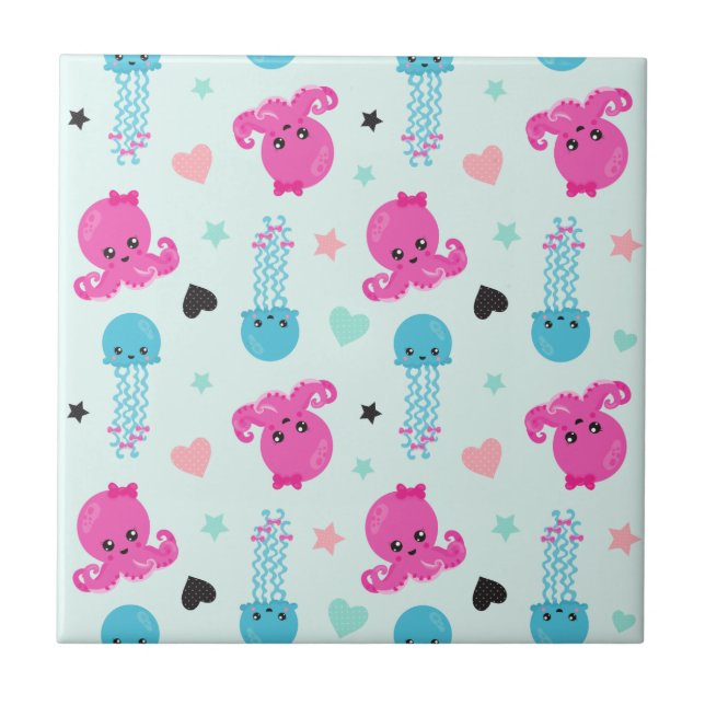 Sea Animals, Sea Life, Octopus, Jellyfish, Hearts Tile (Front)