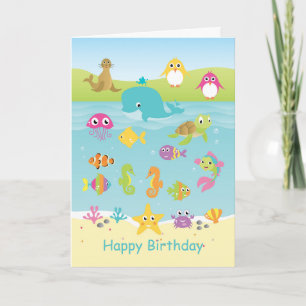 Sea animals: whale, penguin, turtle kids Birthday Card