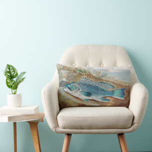 Sea Bass by S.A. Kilbourne, Vintage Fish Lumbar Pillow