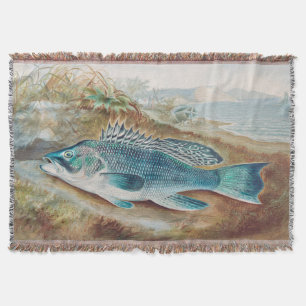 Sea Bass by S.A. Kilbourne, Vintage Fish Throw Blanket