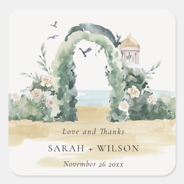 Sea Beach Floral Arch Botanical Wedding Thanks Square Sticker (Front)
