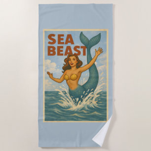 Sea Beast Retro Mermaid   Funny Coastal Beach Blue Beach Towel