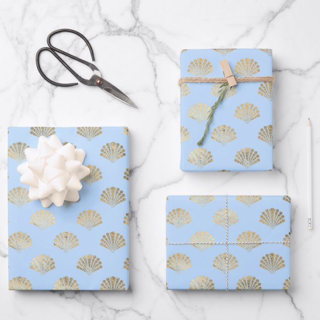 Sea Blue and Metallic Gold Shell, Under The Sea Wrapping Paper Sheet (Front)
