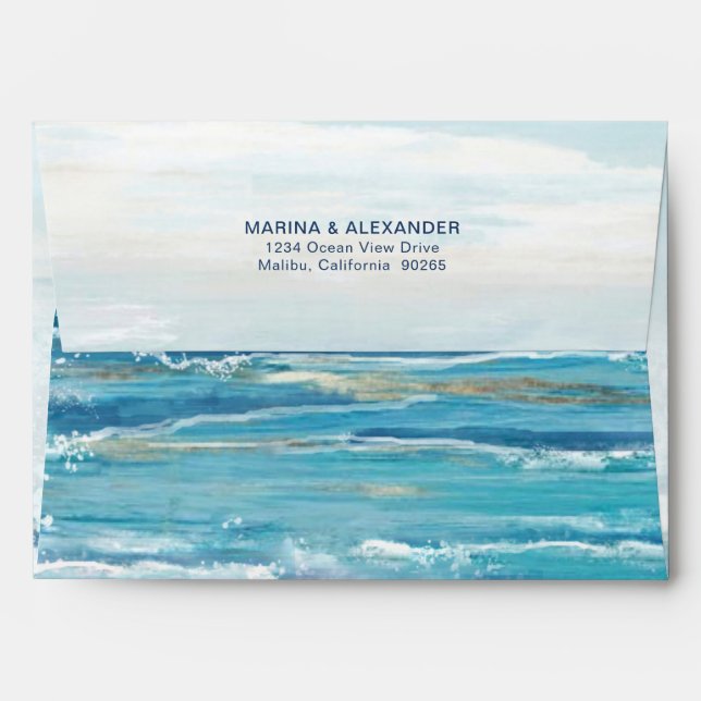 Sea Blue Beach Waves Watercolor Wedding Envelope (Back (Top Flap))