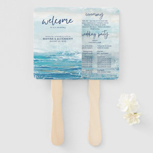 Sea Blue Beach Waves Watercolor Wedding Program  Hand Fan
