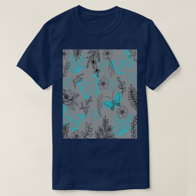 Sea Blue Butterflies in the Ultimate Grey Forest T-Shirt (Design Front)
