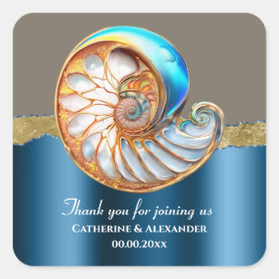 Sea Blue Gold Conch Shell Thank You Square Sticker