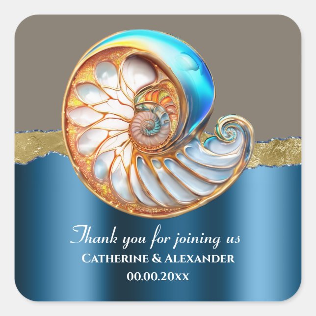 Sea Blue Gold Conch Shell Thank You Square Sticker (Front)