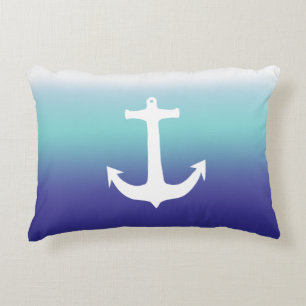Sea Blue Gradient and Trendy White Anchor Decorative Pillow