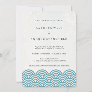 Sea Blue Green Seigaiha Waves Elegant Wedding Invitation