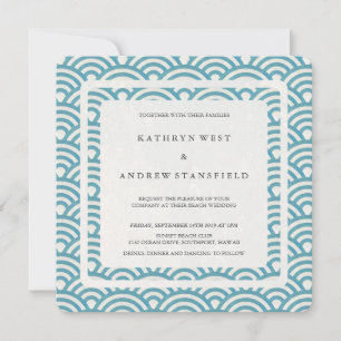 Sea Blue Green Stylized Waves Modern Wedding Invitation