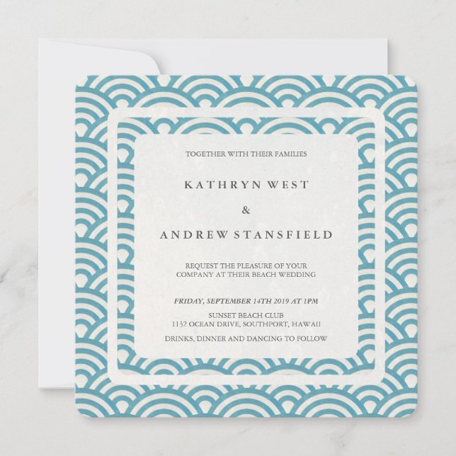 Sea Blue Green Stylized Waves Modern Wedding Invitation (Front)