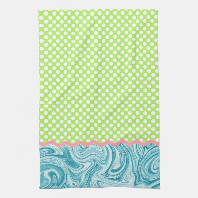 Sea Blue Lime Green Graphic Pattern & Dots Kitchen Towel (Vertical)