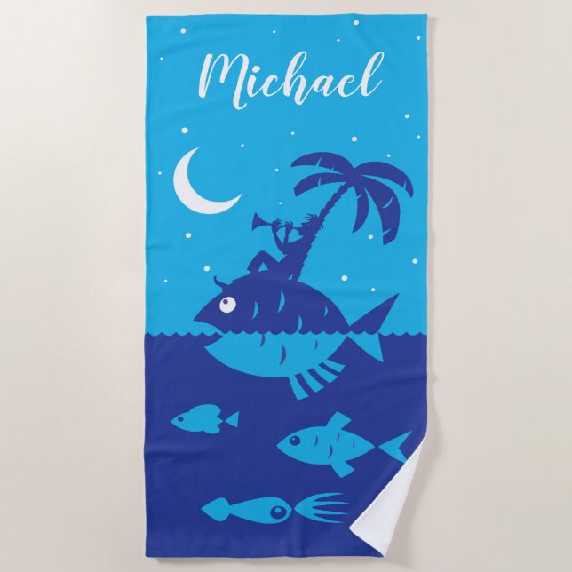 Sea Blue Nautical Fish Tropical Island Beach Towel (Front)